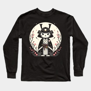 Kawaii Cat Anime Japanese Retro Samurai Novelty Funny Cat Long Sleeve T-Shirt